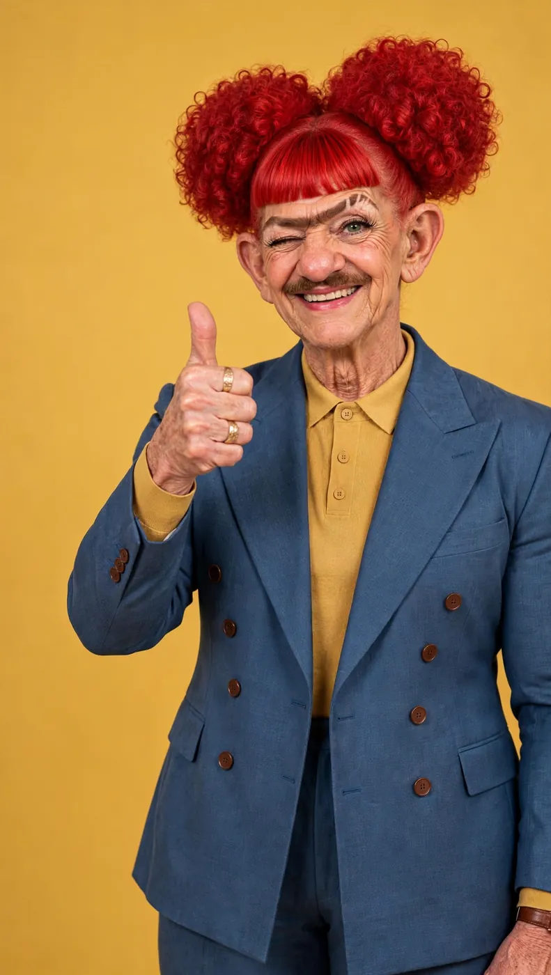 Doña Bigotes guiñando un ojo y levantando el pulgar, con su traje azul y camisa amarilla mostaza